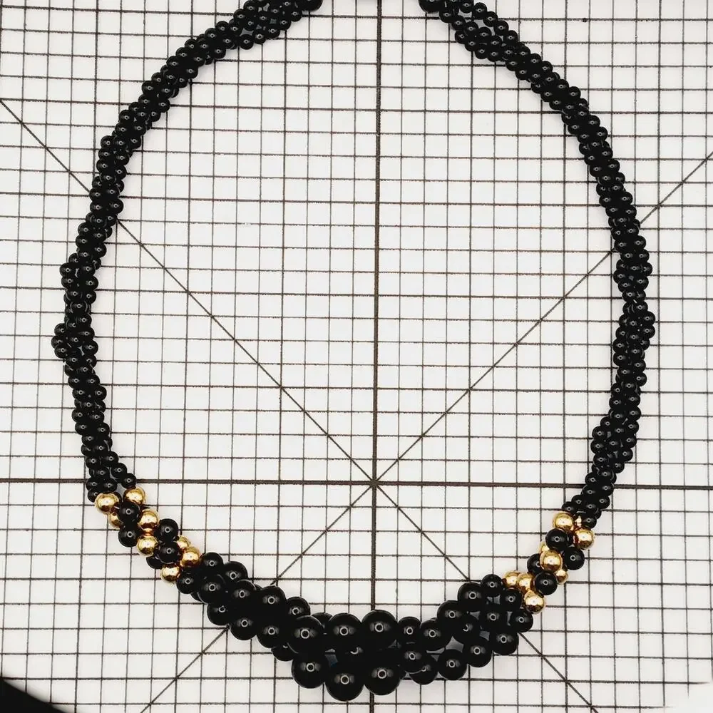 Necklace VTG Beaded Black Gold Cluster Bib Statement Retro Formal Cocktail 90s